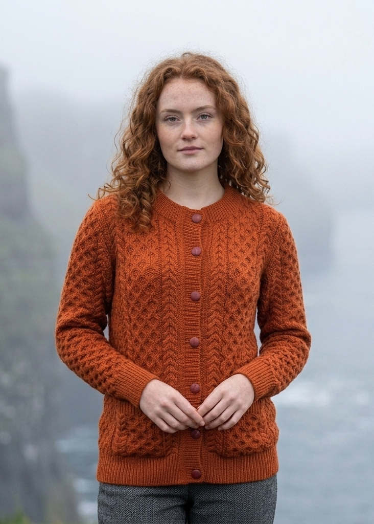 Aran Lumber Cardigan | 100% Merino Wool | Terracotta