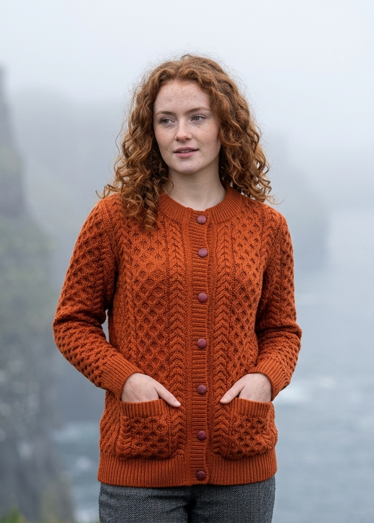 Aran Lumber Cardigan | 100% Merino Wool | Terracotta