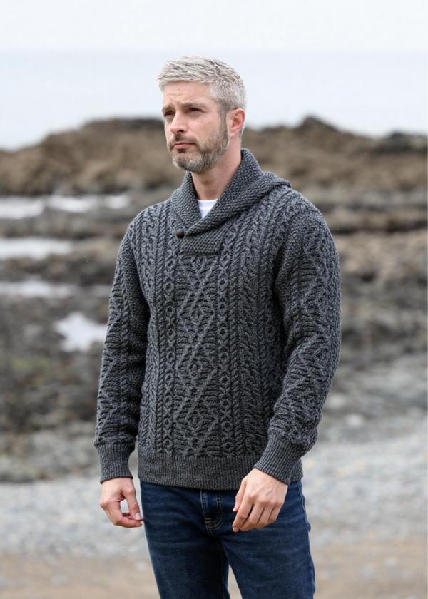 Aran Men's Shawl Neck Merino Sweater | Slate