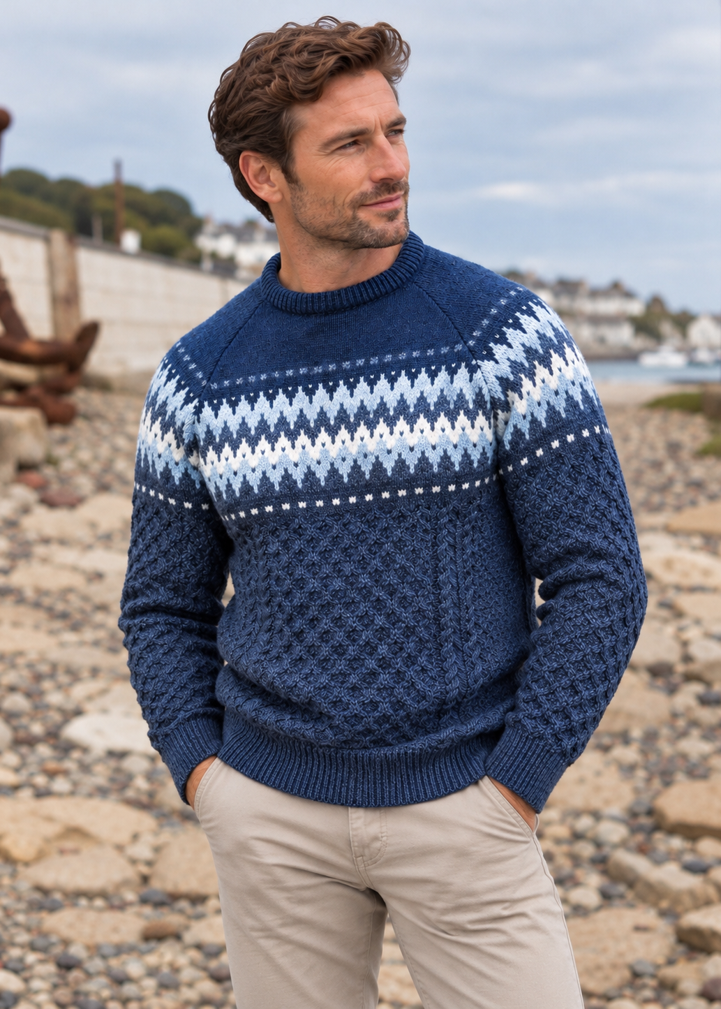 Aran Merino Crew Neck Fair isle Sweater - Denim
