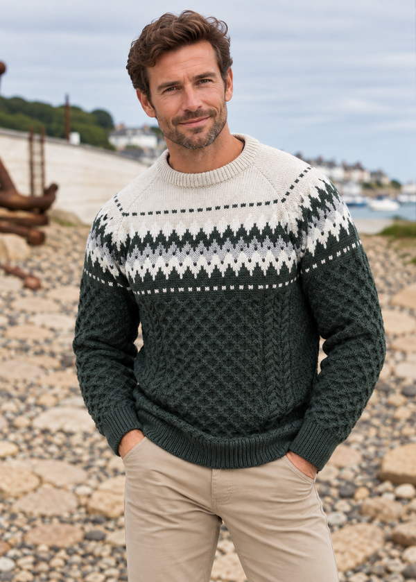 Aran Merino Crew Neck Fair isle Sweater - Green