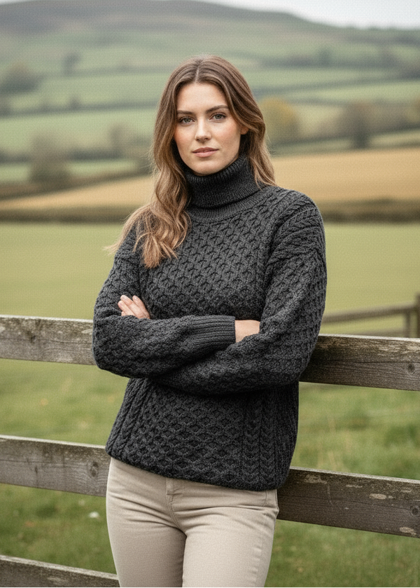 Aran Merino Polo Neck Sweater | Charcoal