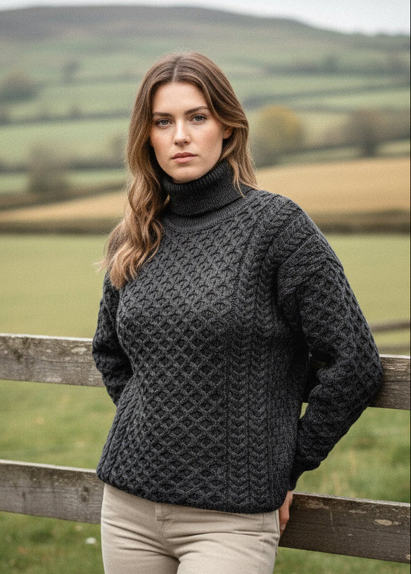Aran Merino Polo Neck Sweater | Charcoal