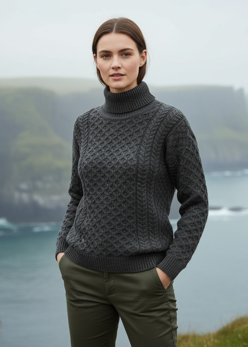 Aran Merino Polo Neck Sweater | Charcoal | Unisex | 100% Wool