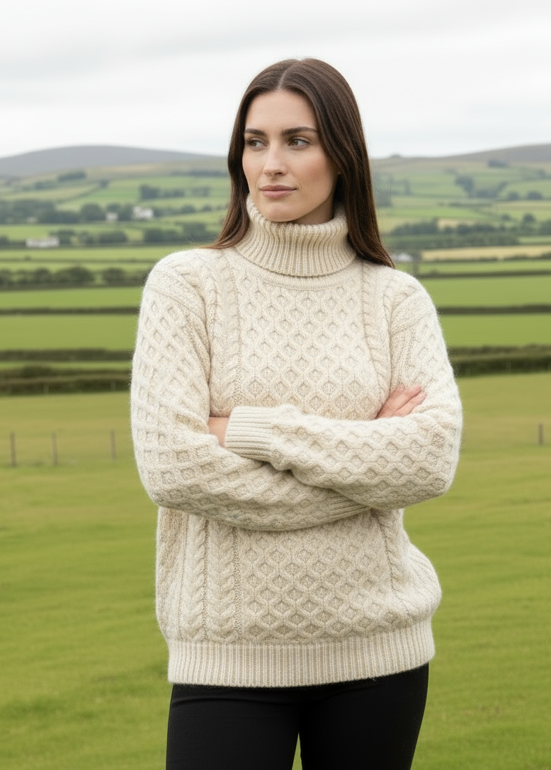 Aran Merino Polo Neck Sweater | Natural