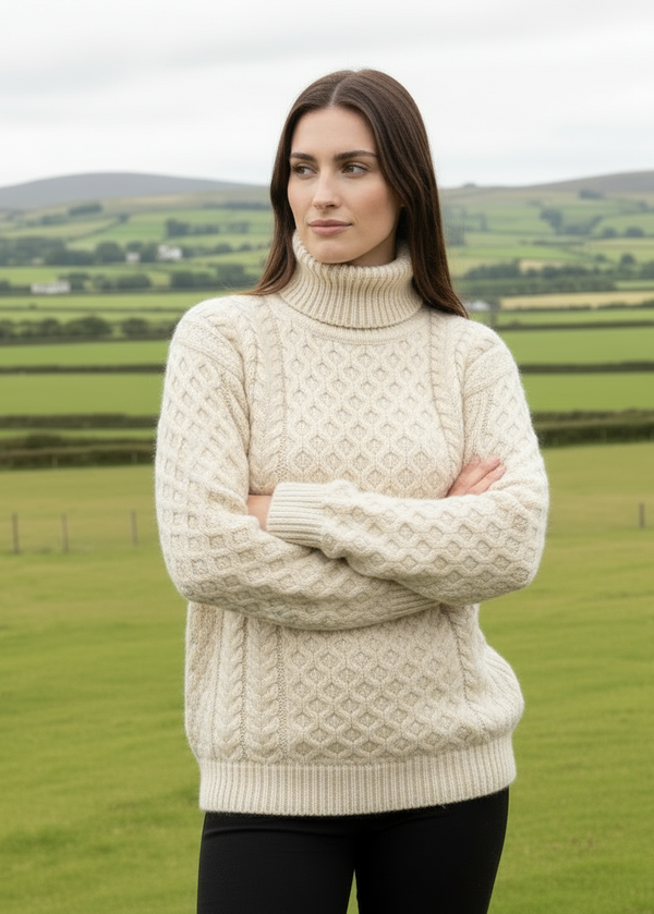 Aran Merino Polo Neck Sweater | Natural
