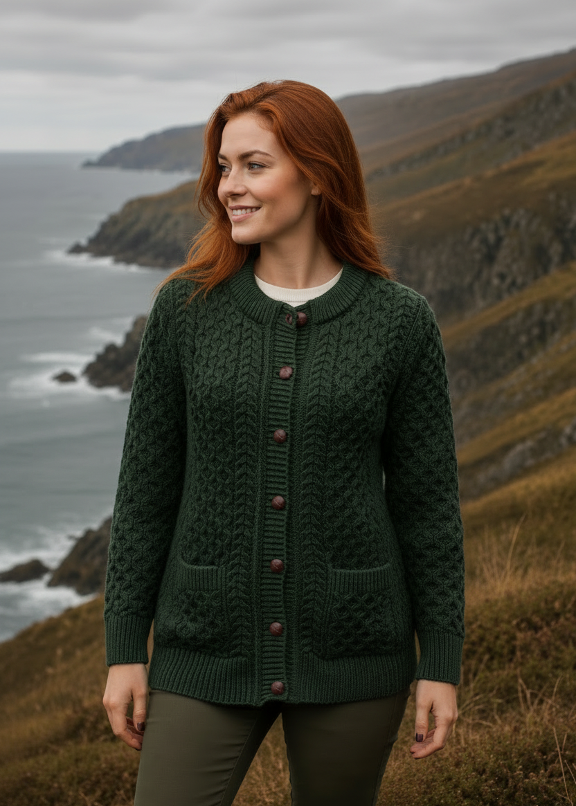 Aran Merino Wool Cable Knit Cardigan | Army Green