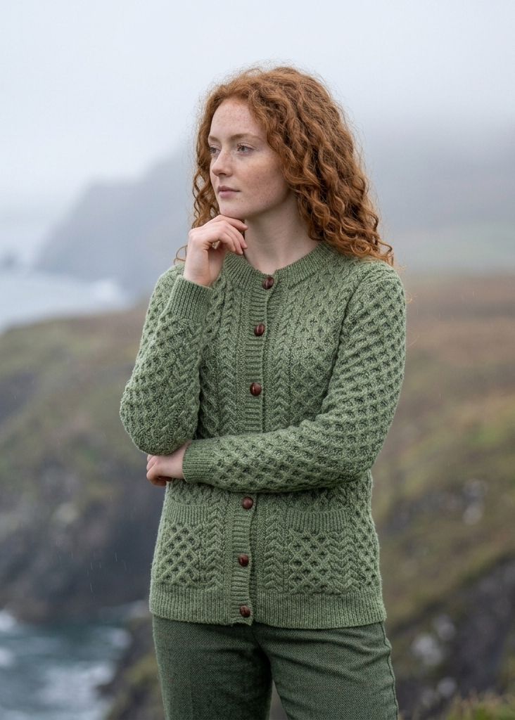 Aran Merino Wool Cable Knit Cardigan | Green Leaf