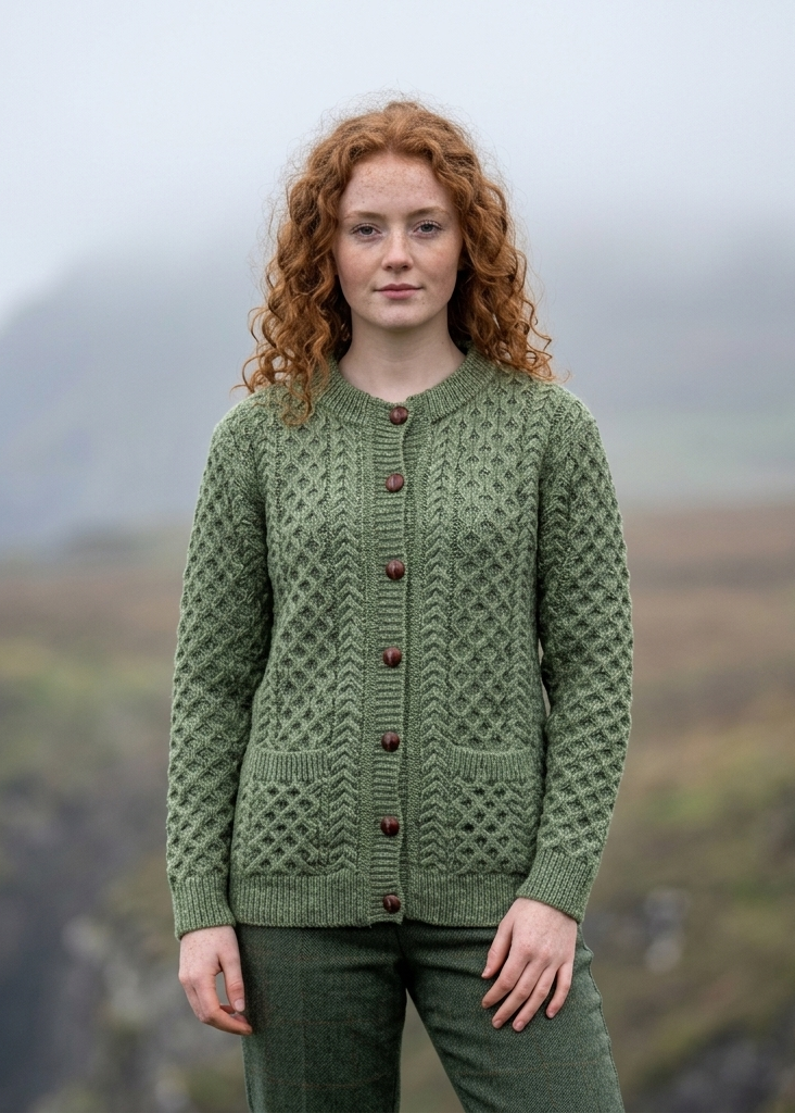 Aran Merino Wool Cable Knit Cardigan | Green Leaf