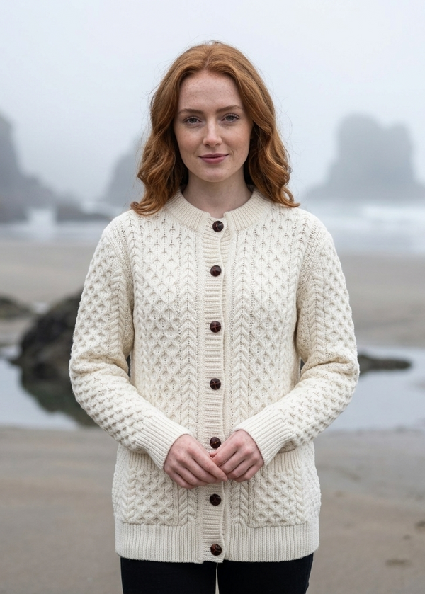 Aran Merino Wool Cable Knit Cardigan | Natural