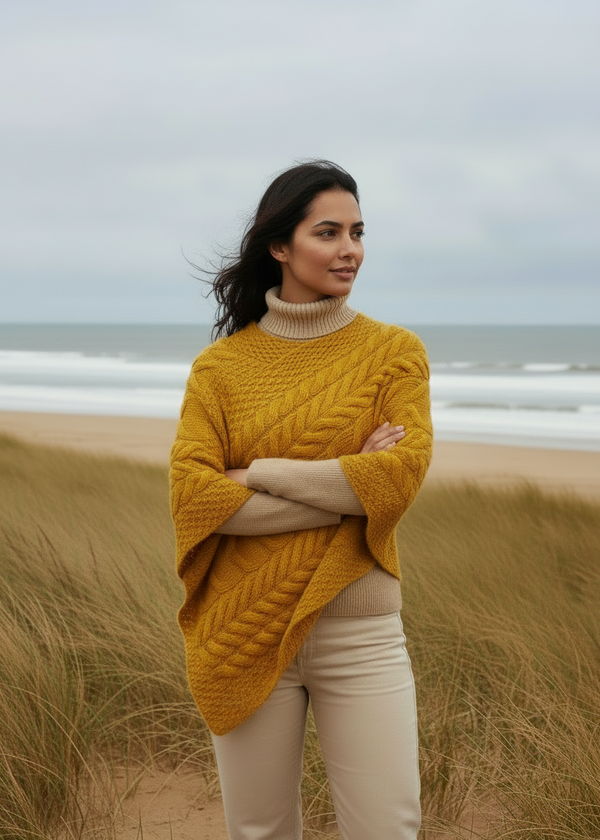 Aran Merino Wool Cable Knit Poncho | Irish Handcrafted | Yellow