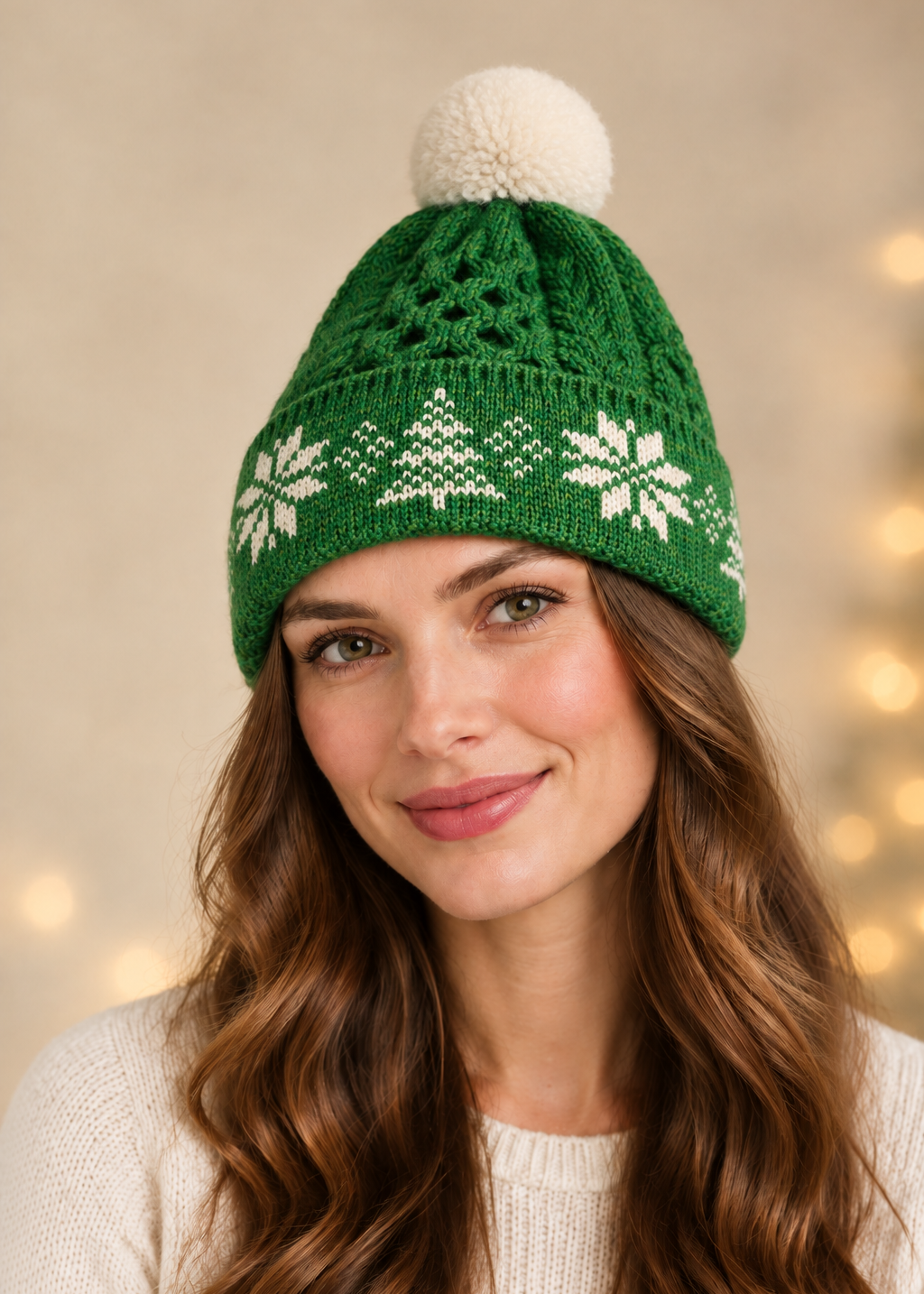 Aran Merino Wool Christmas Jacquard Hat - Green