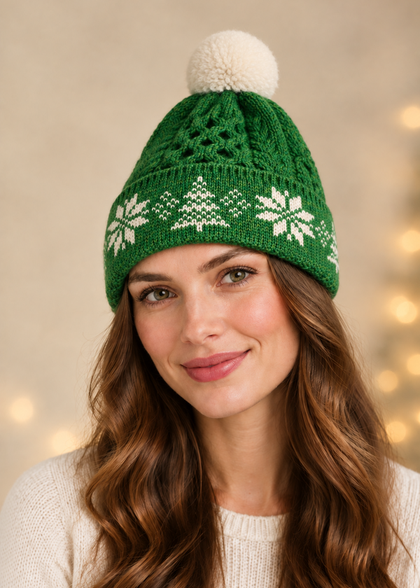 Aran Merino Wool Christmas Jacquard Hat - Green