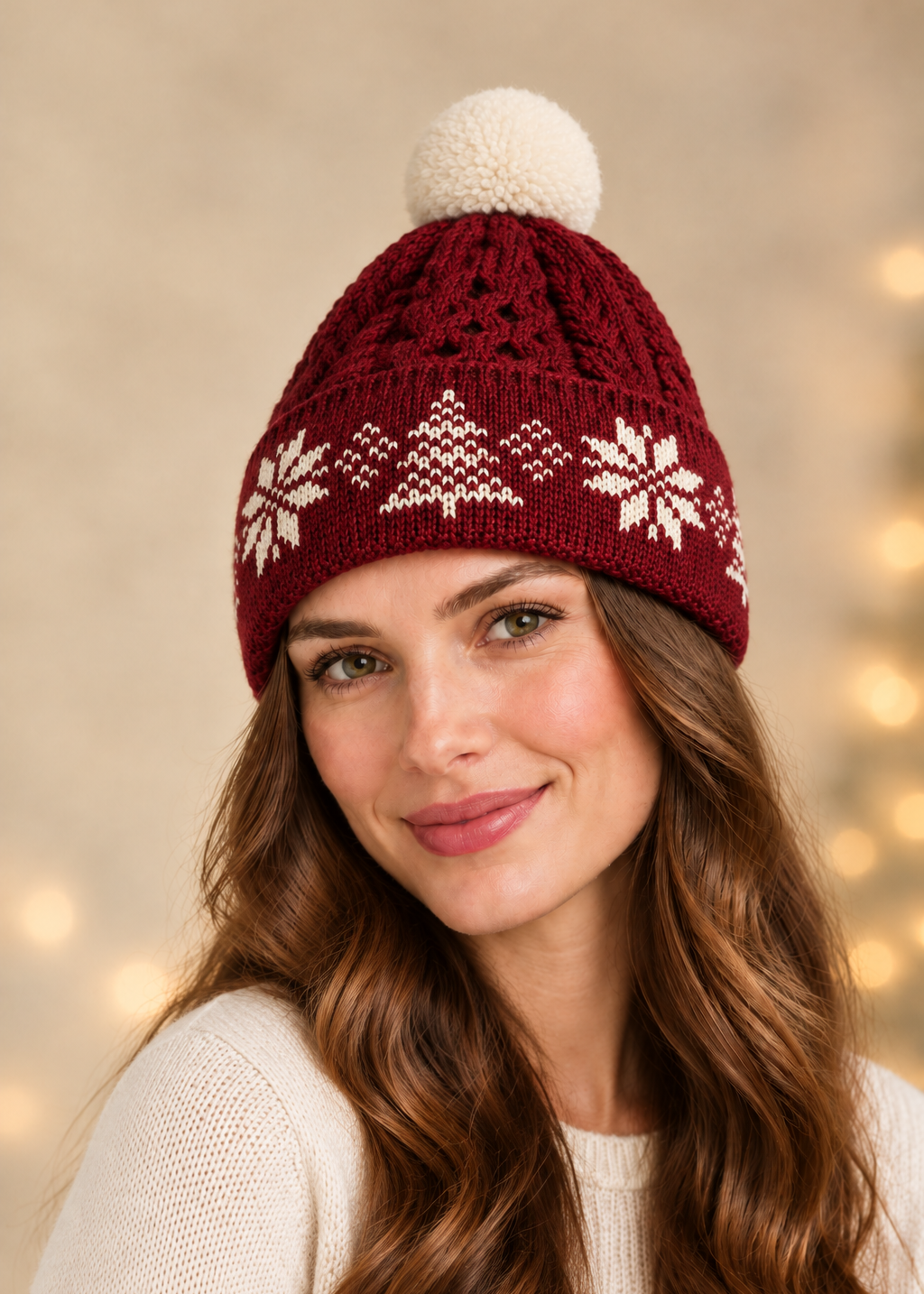 Aran Merino Wool Christmas Jacquard Hat - Red