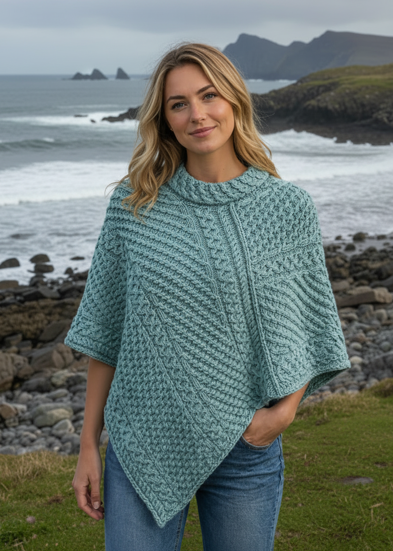 Aran Merino Wool Cowl Poncho | Aqua