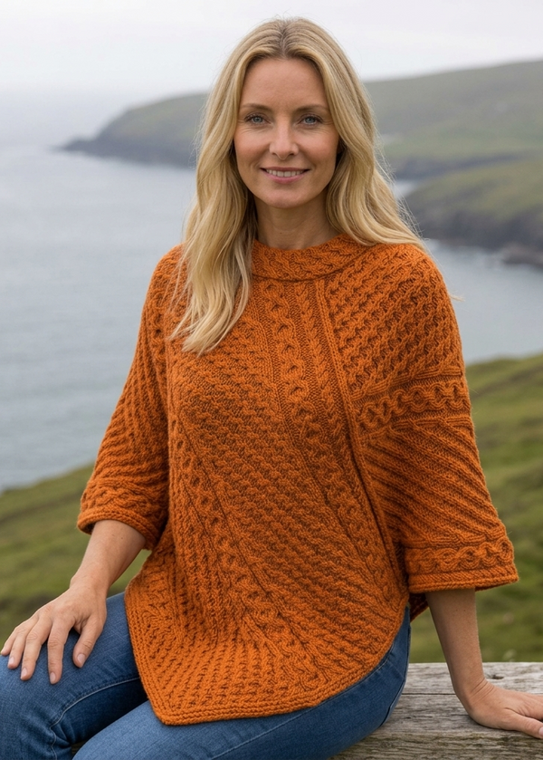Aran Merino Wool Cowl Poncho | Copper | Premium Heritage Knitwear
