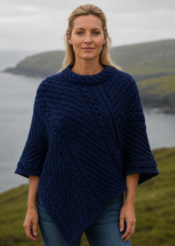 Aran Merino Wool Cowl Poncho | Deep Water Blue | Premium Heritage Knitwear