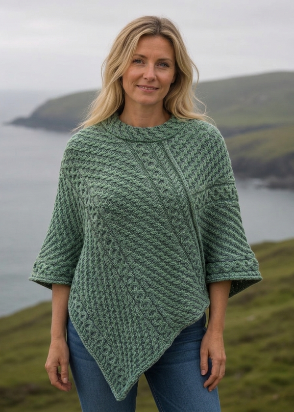 Aran Merino Wool Cowl Poncho | Green Leaf | Premium Heritage Knitwear