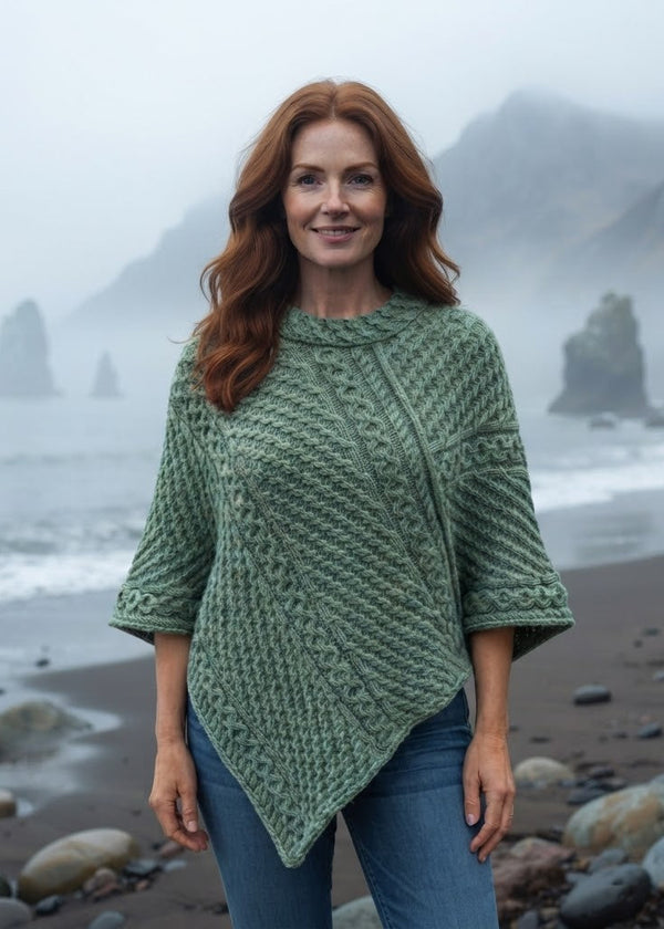 Aran Merino Wool Cowl Poncho | Green Leaf | Premium Heritage Knitwear
