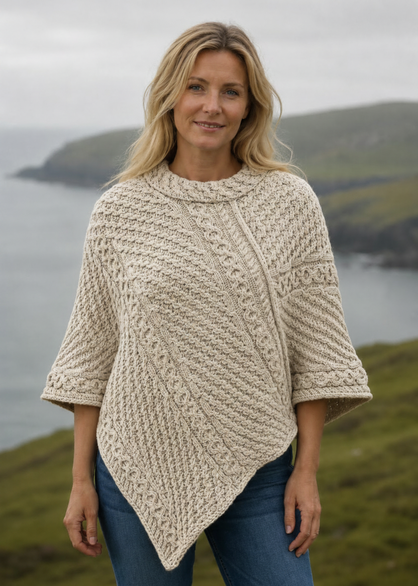 Aran Merino Wool Cowl Poncho | Oatmeal | Premium Heritage Knitwear