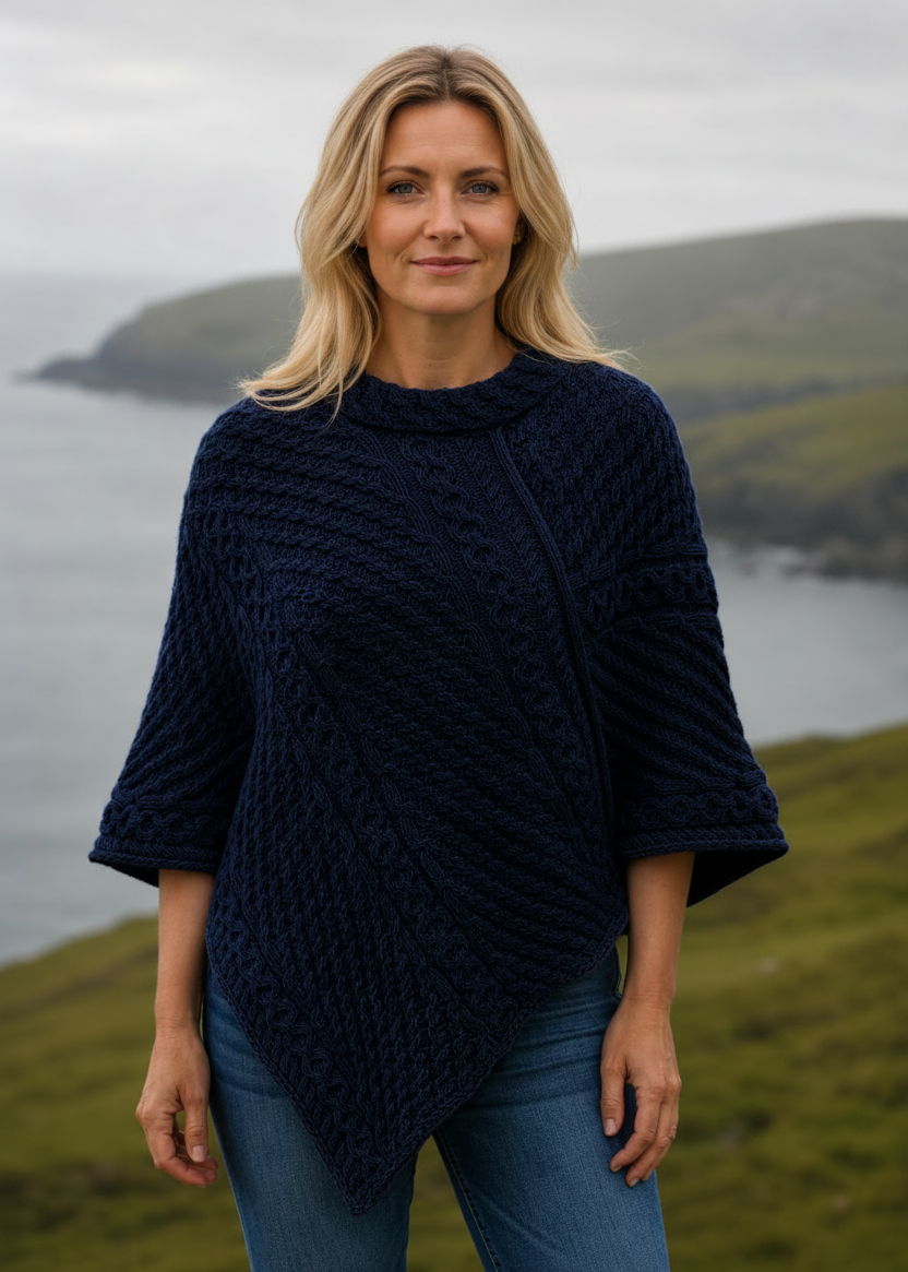 Aran Merino Wool Cowl Poncho | Ocean