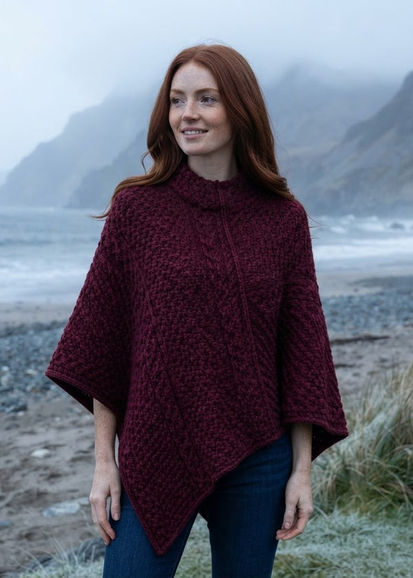 Aran Merino Wool Cowl Poncho | Raspberry - Premium Heritage Knitwear