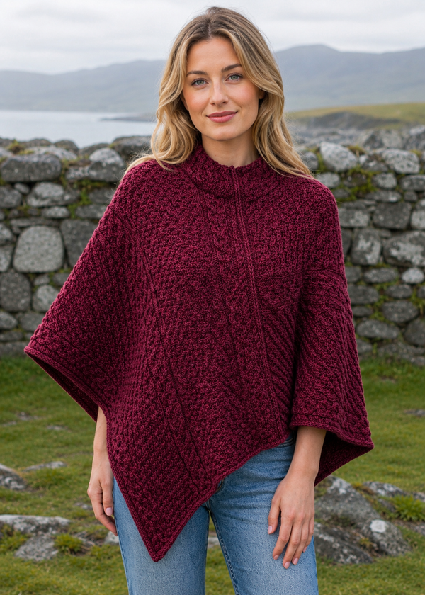 Aran Merino Wool Cowl Poncho | Raspberry - Premium Heritage Knitwear