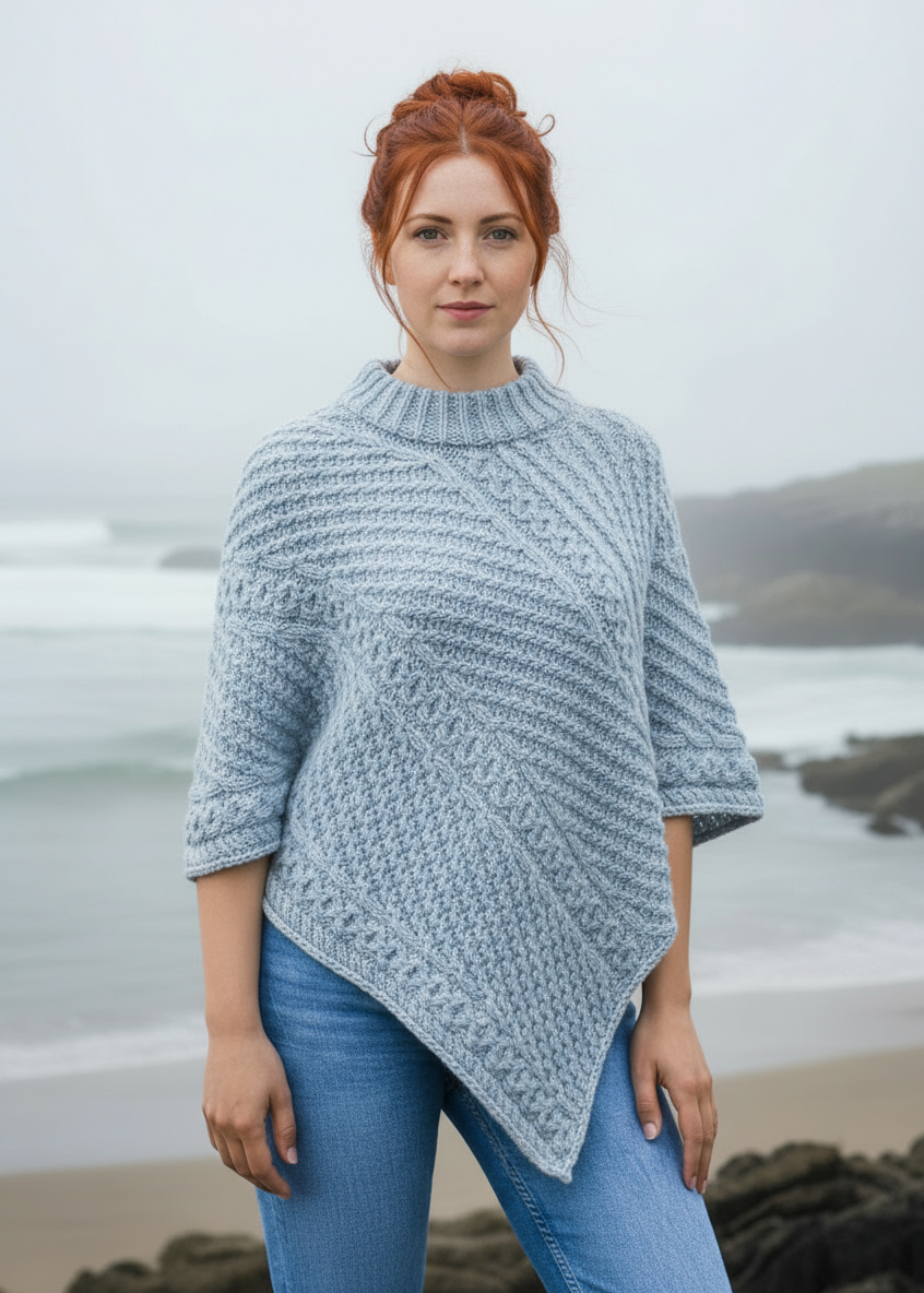 Aran Merino Wool Cowl Poncho | Sky 