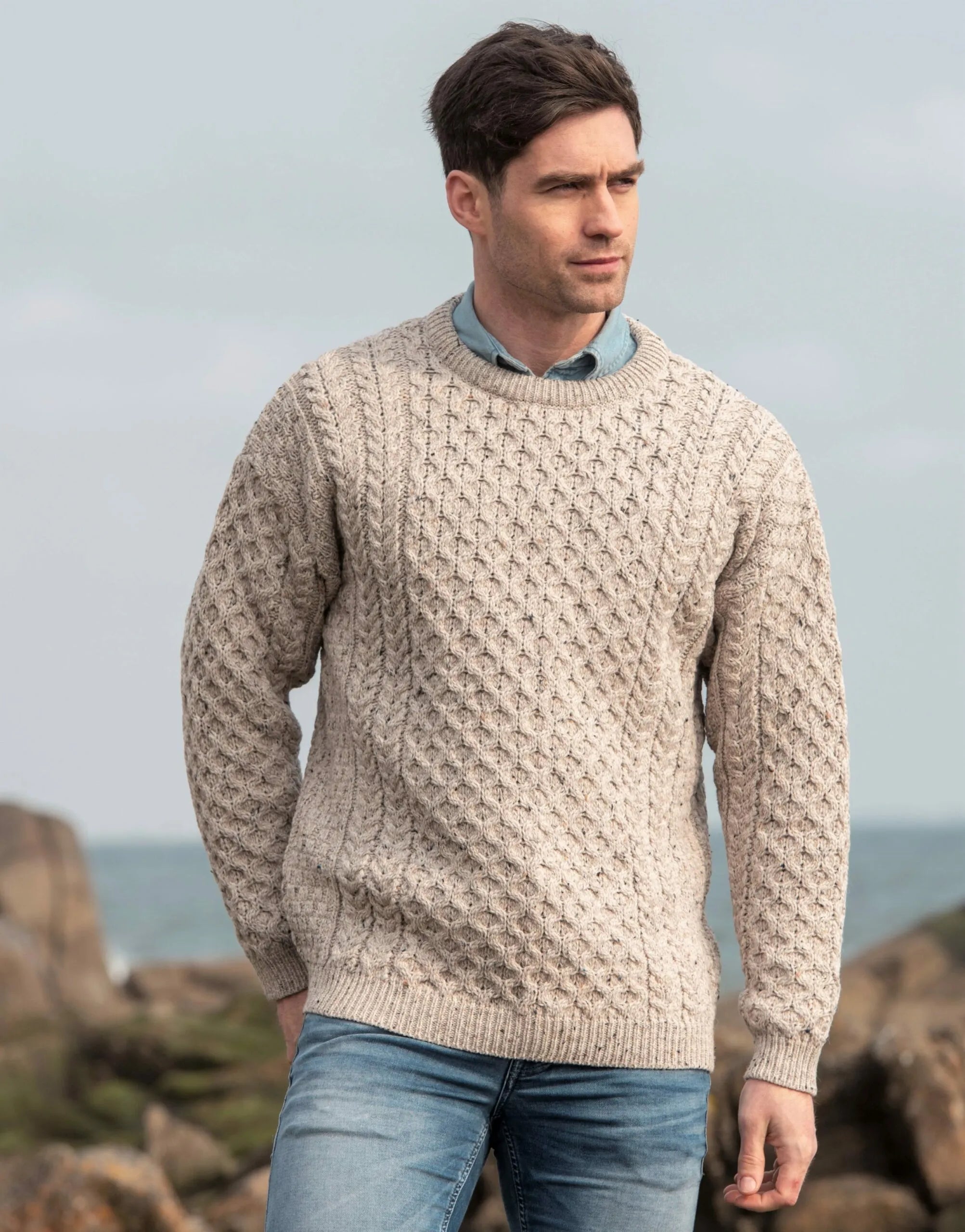 Aran Merino Wool Crew Neck Sweater - Traditional Irish Fisherman Knit | Oatmeal