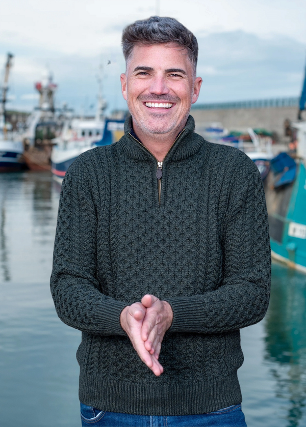 Aran Merino Wool Half Zip Sweater | Green