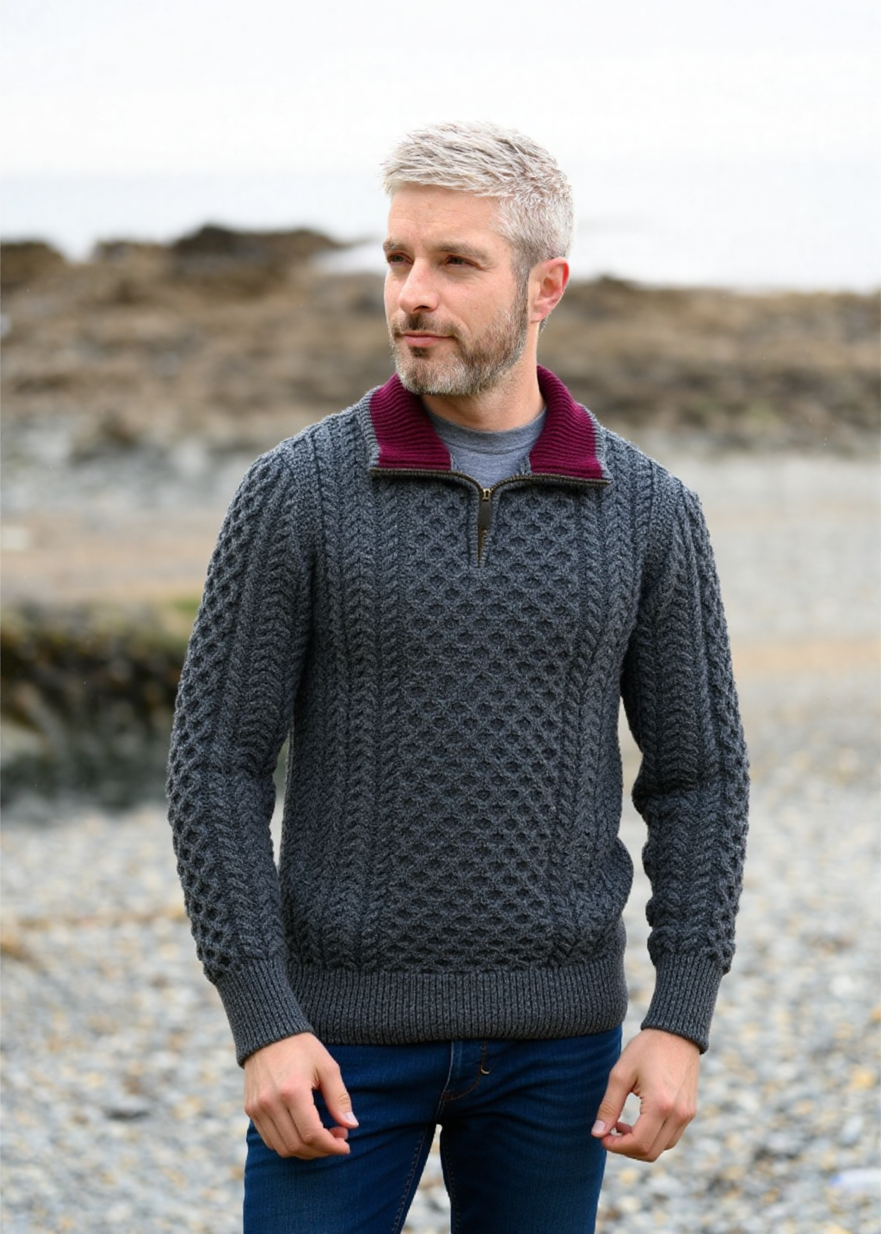 Aran Merino Wool Half Zip Sweater | Slate