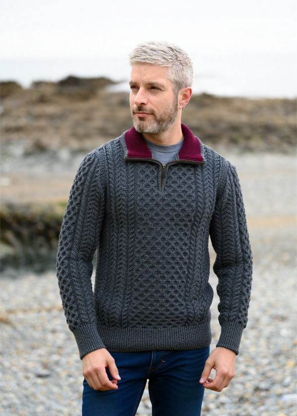 Aran Merino Wool Half Zip Sweater | Slate