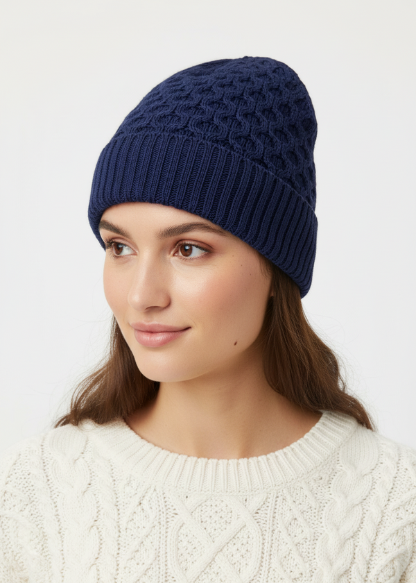 Aran Merino Wool Hat - Navy