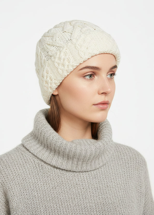 Aran Merino Wool Hat - Traditional Irish Cable Knit | Natural