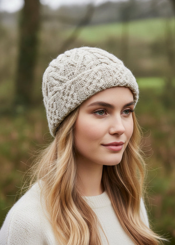 Aran Merino Wool Hat - Traditional Irish Cable Knit | Oatmeal