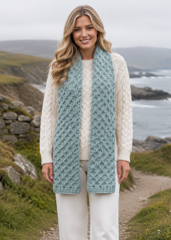 Aran Merino Wool Honeycomb Scarf | Aqua Marl