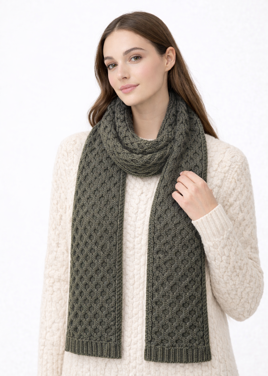 Aran Merino Wool Honeycomb Scarf | Army Green