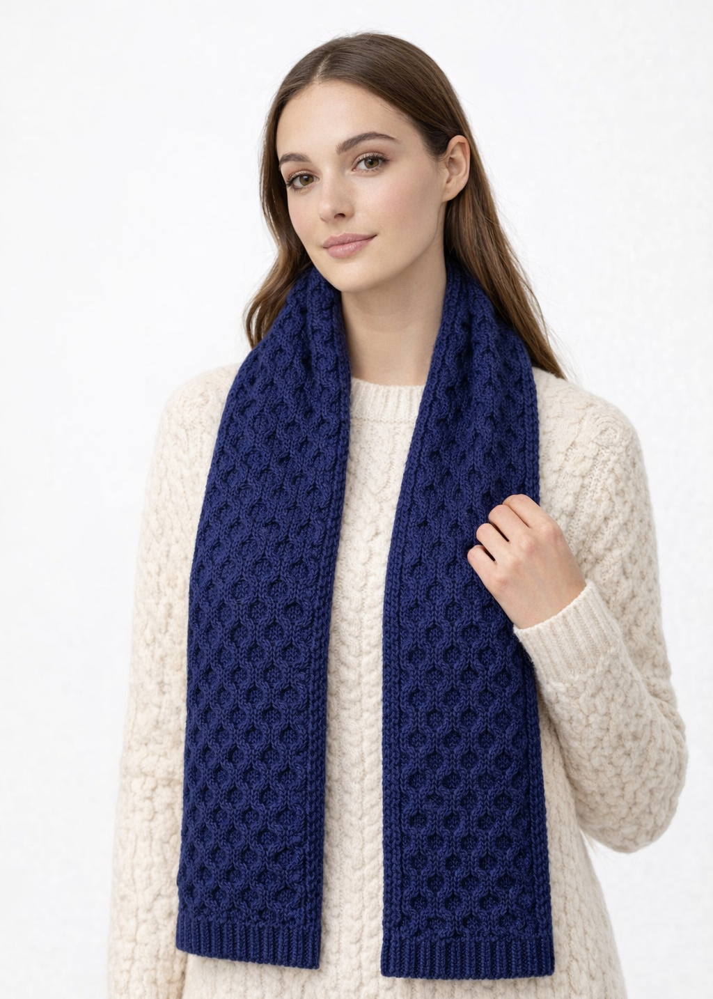 Aran Merino Wool Honeycomb Scarf | Deep Water Blue