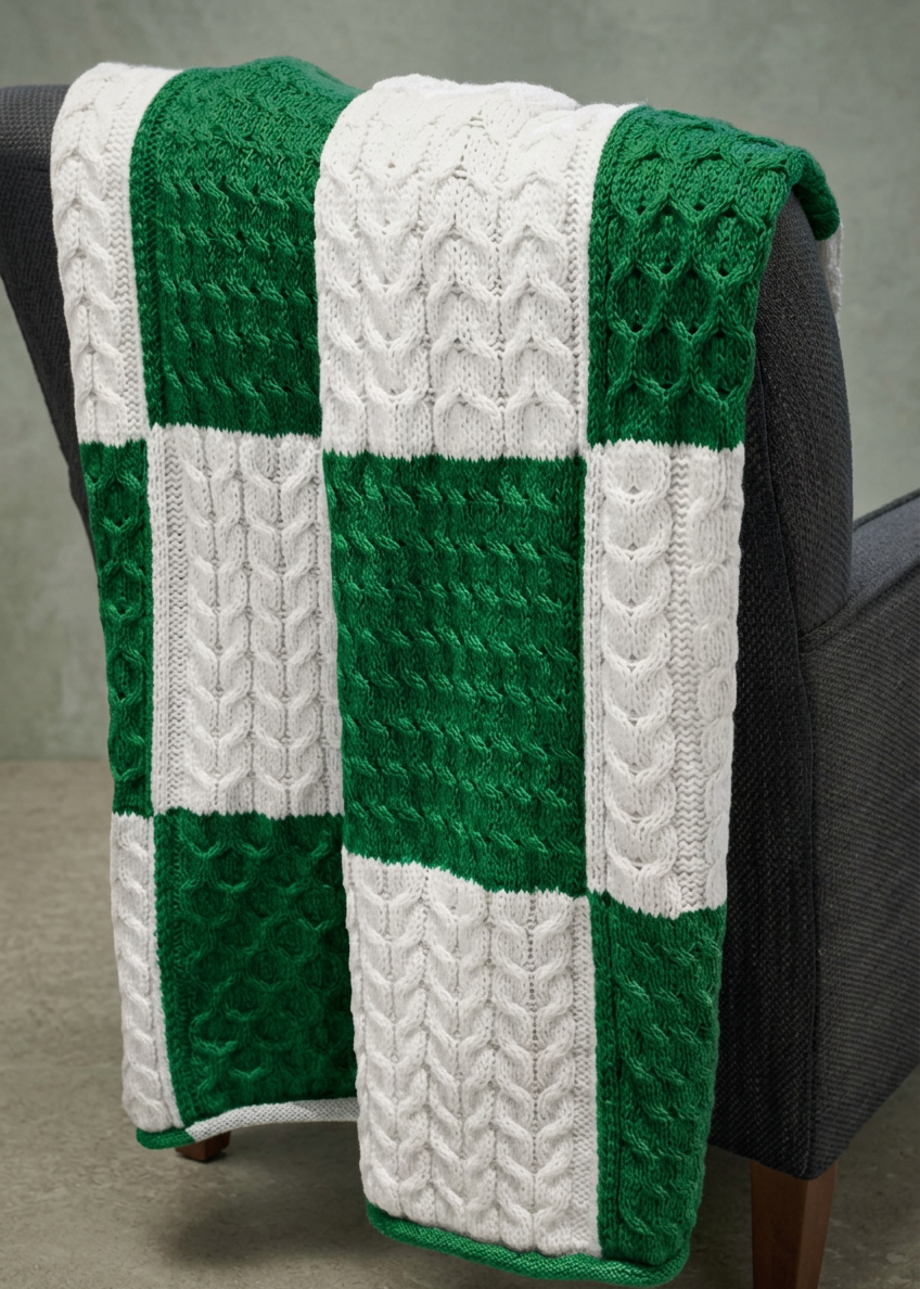 Aran Merino Wool Patch Blanket | Green Block 