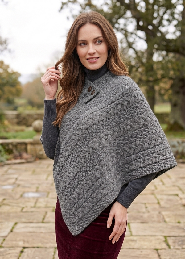 Aran Merino Wool Poncho | Grey - Clearance
