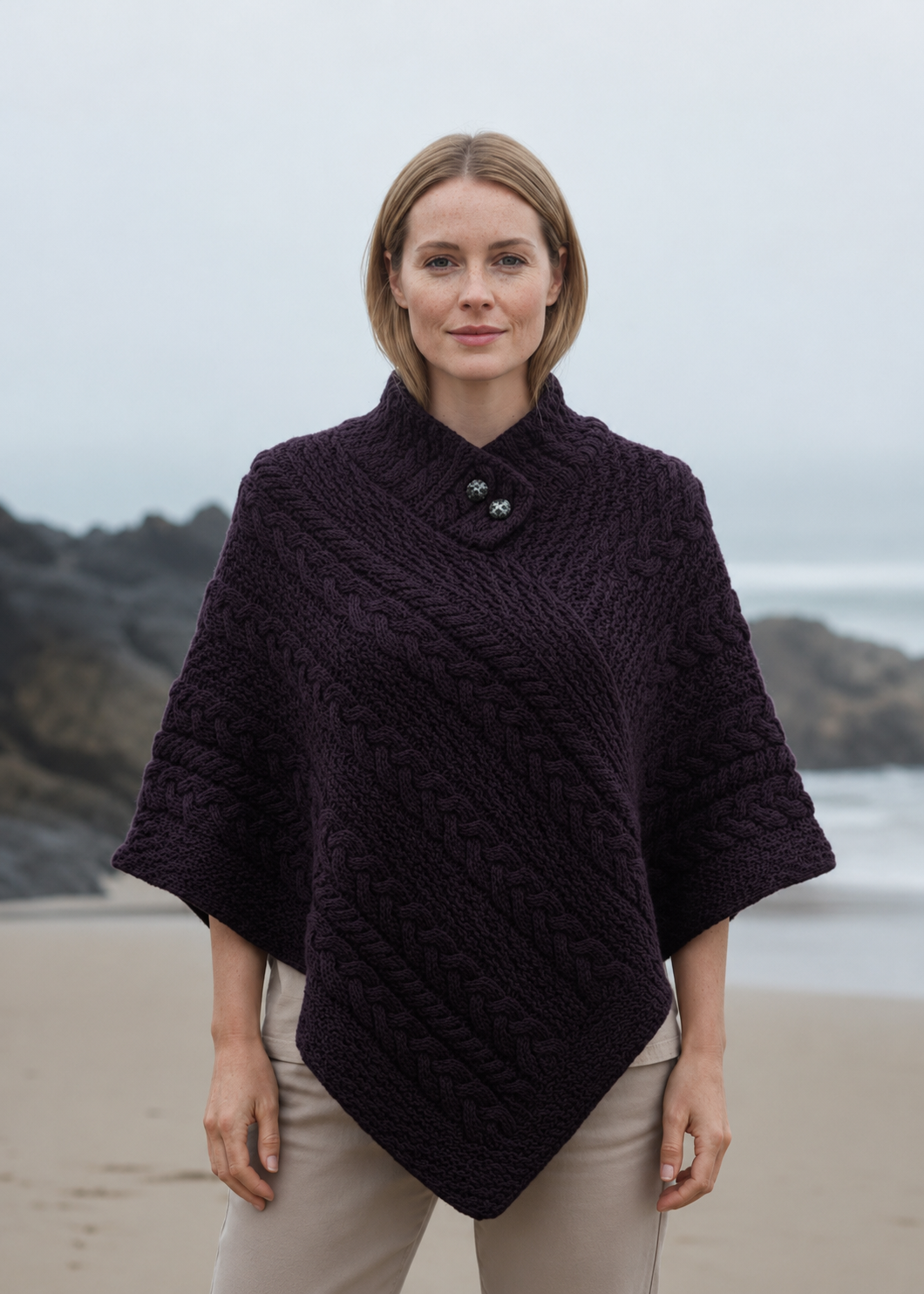 Aran Merino Wool Poncho | Velvet Plum - Clearance
