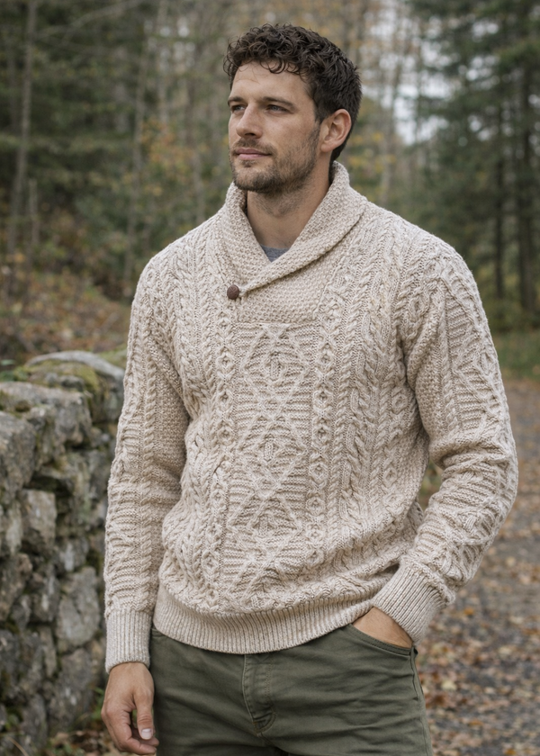 Aran Merino Wool Shawl Neck Sweater | Camel