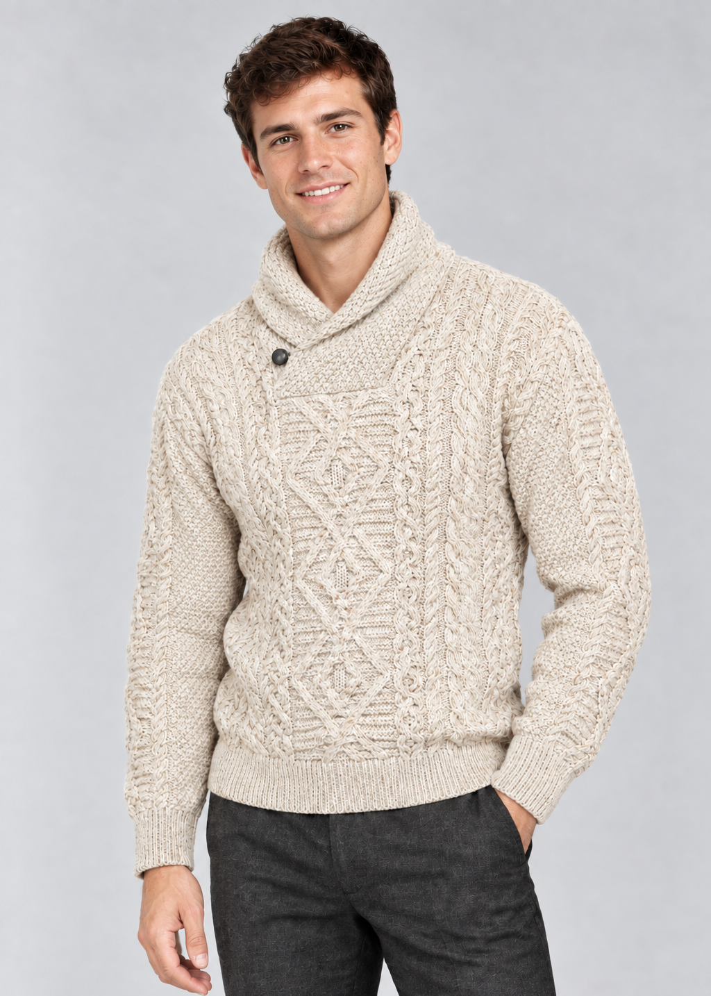 Aran Merino Wool Shawl Neck Sweater | Parsnip