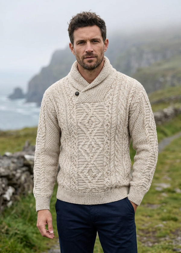 Aran Merino Wool Shawl Neck Sweater | Parsnip