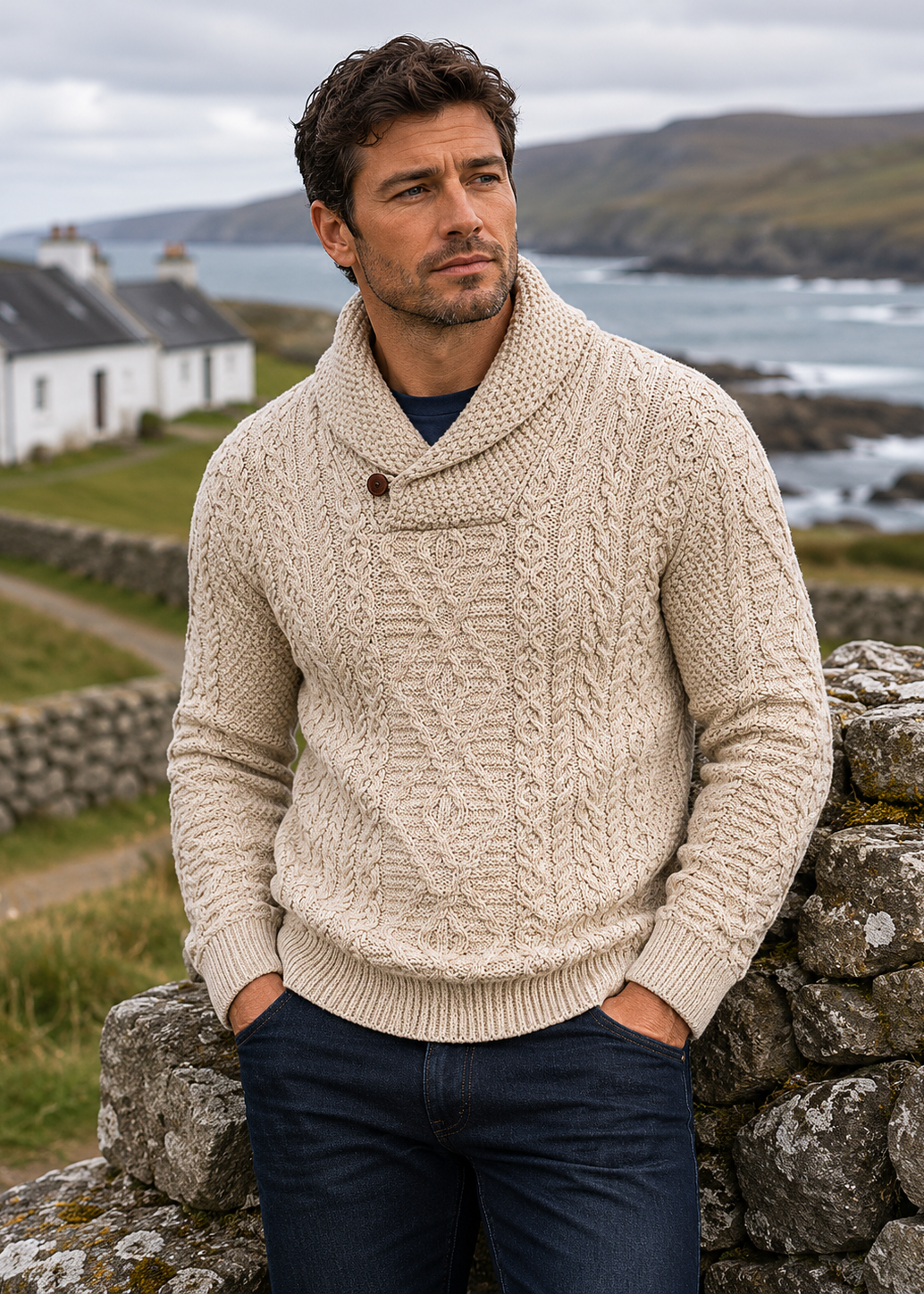 Aran Merino Wool Shawl Neck Sweater | Parsnip