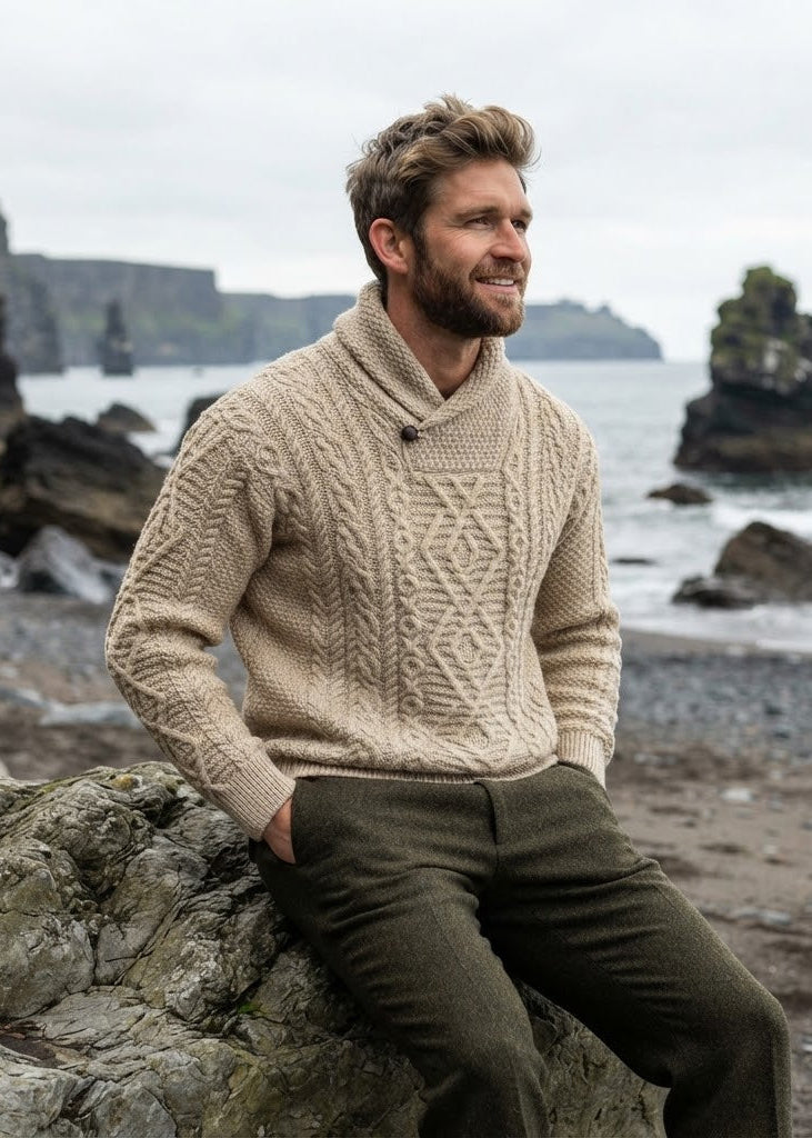 Aran Merino Wool Shawl Neck Sweater | Parsnip