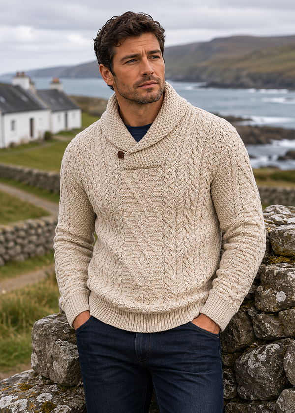 Aran Merino Wool Shawl Neck Sweater | Parsnip