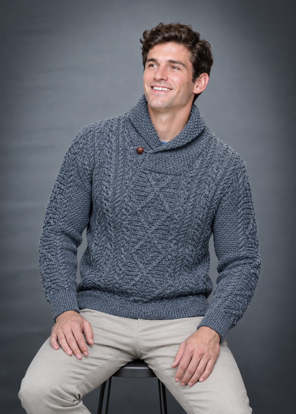 Aran Merino Wool Shawl Neck Sweater | Slate