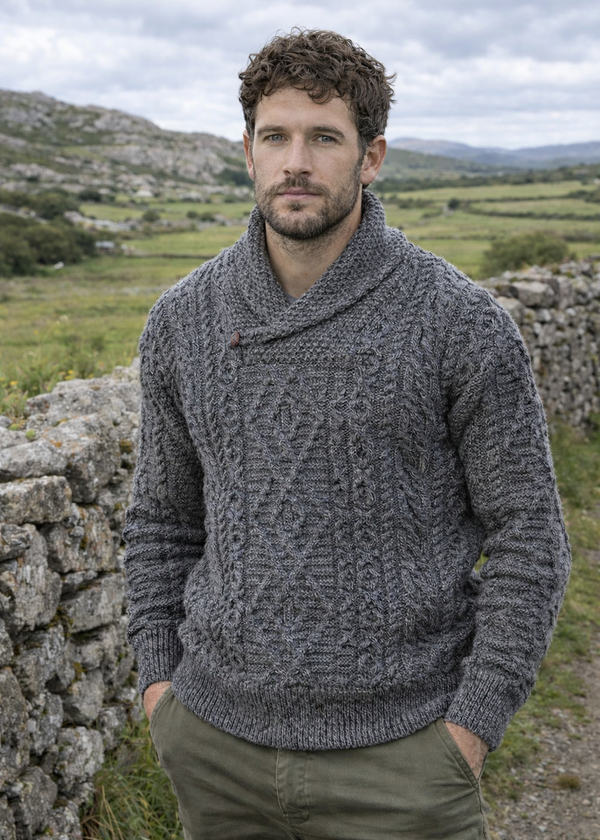 Aran Merino Wool Shawl Neck Sweater | Slate
