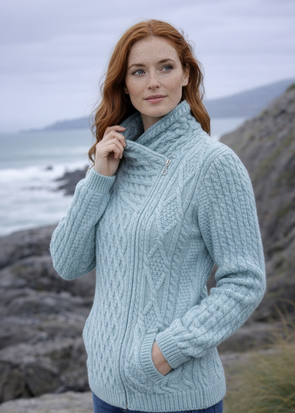 Aran Merino Wool Side Zip Cardigan | Aqua